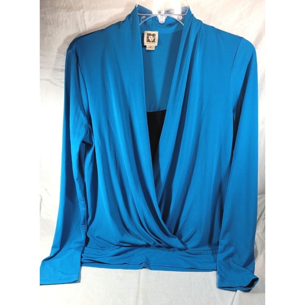 Anne‎ Klein Women's Faux Wrap Long Sleeve Polyester Blouse - Blue - Medium